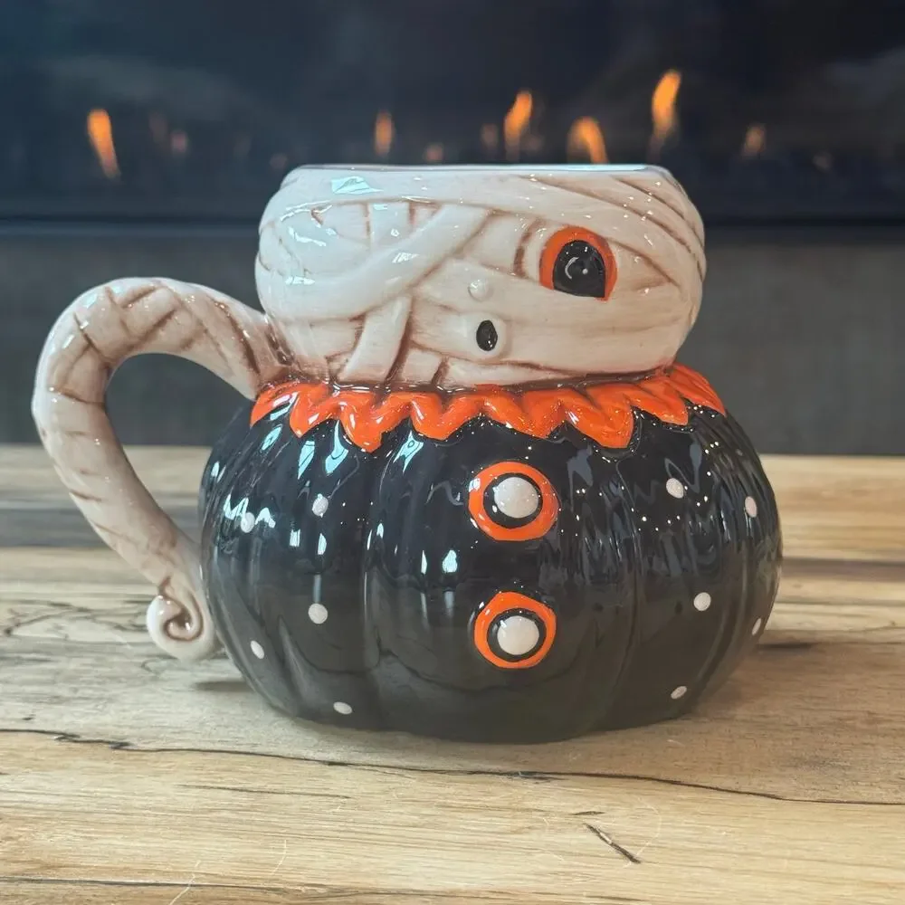 Johanna Parker Designs Halloween Mummy Pumpkin Mug Transpac Ceramic Folk Art New